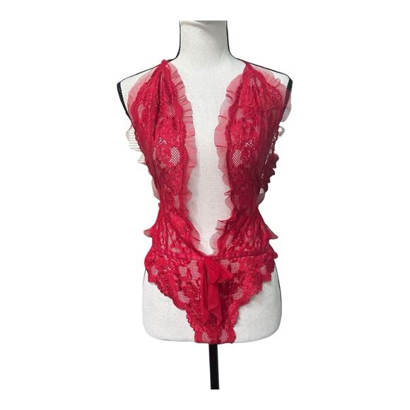 Adore Me Red Lace Ruffle Teddy Bodysuit Lingerie XL - Picture 1 of 6